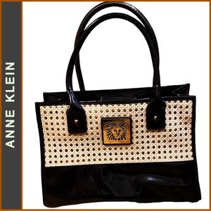 Ann Klein Wicker and Black Patent Leather Handbag